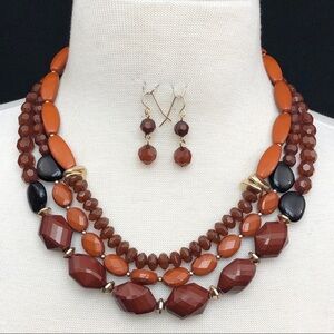 3 row Brown Bead Layered Necklace Earrings Set